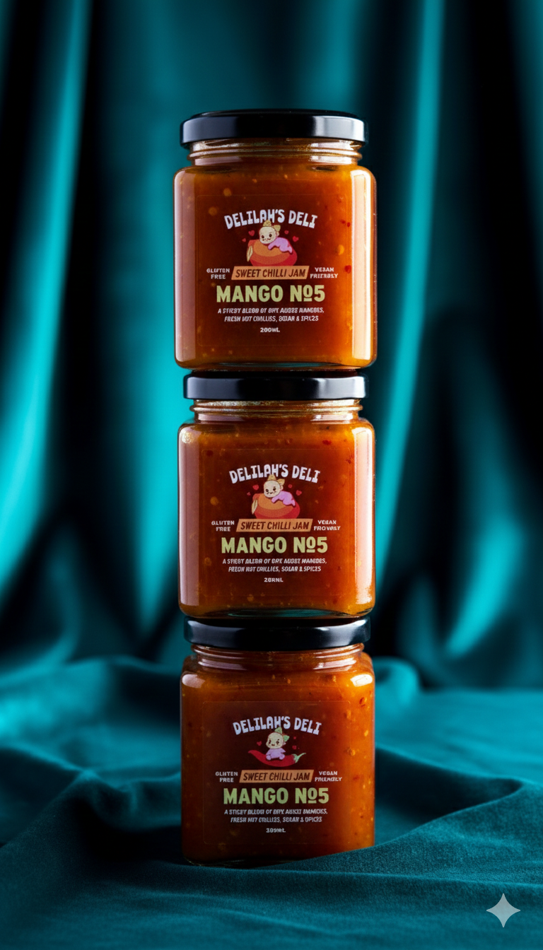 Three jars of Delilah's Deli Mango No. 5 on a teal background