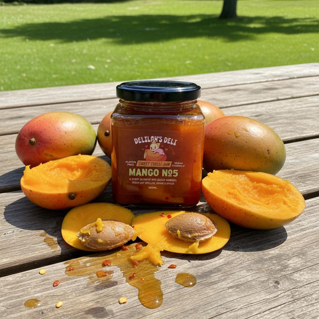 Jar of Delilah's Deli Mango No5 jam with mangoes on a wooden surface outdoors.