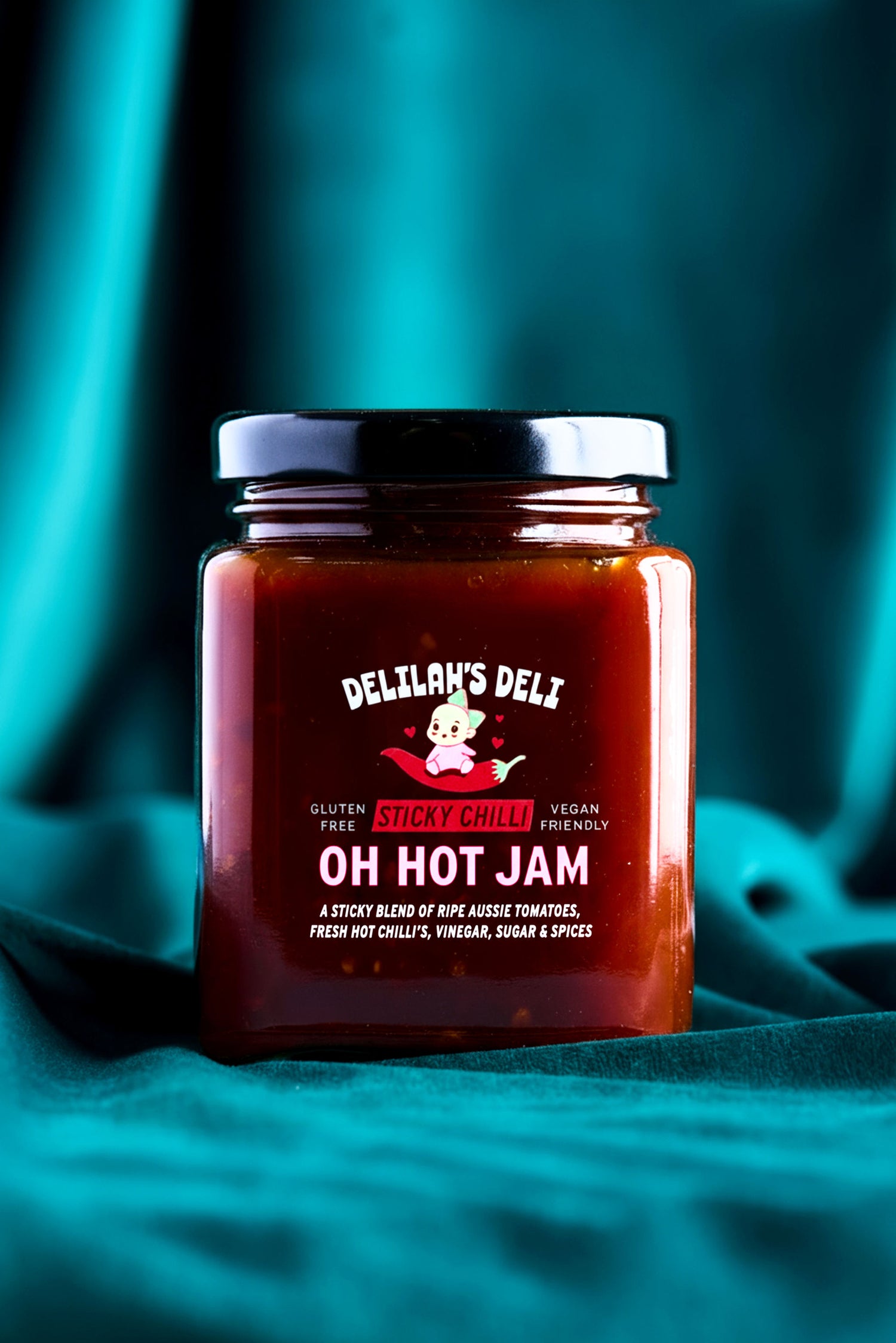 Jar of Delilah's Deli Oh Hot Jam on a teal background