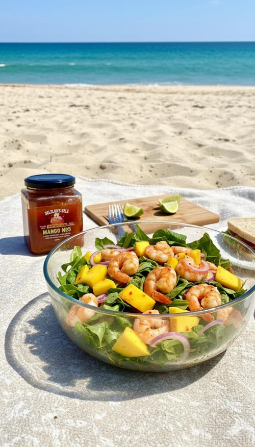 Salad with shrimp and mango on a beach with a jar of sauce and a sandwich.