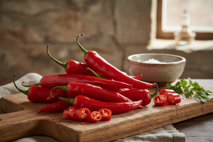 Red chili peppers on a wooden cutting board with a bowl of salt in the background.
