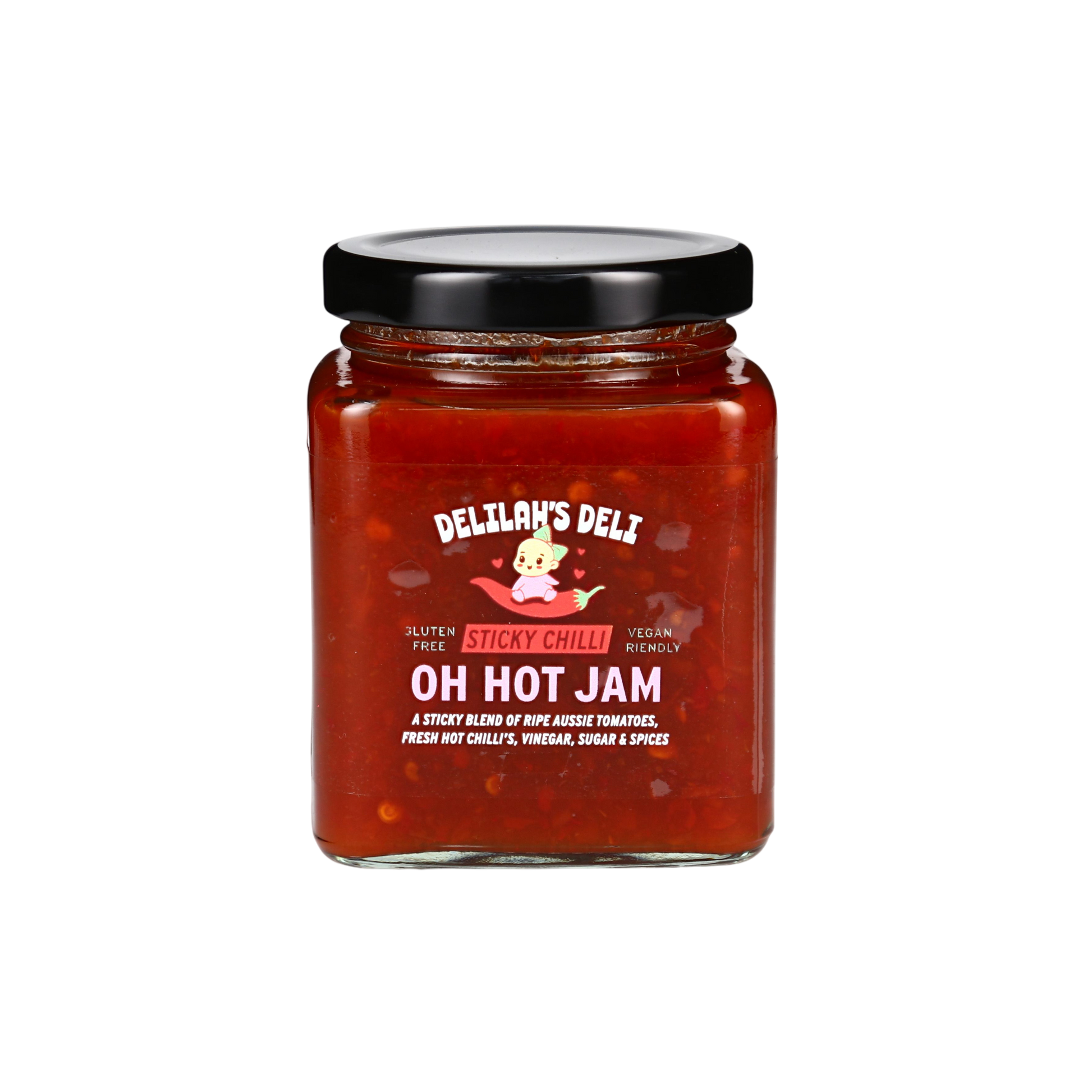 Jar of Delilah's Deli Oh Hot Jam on a white background