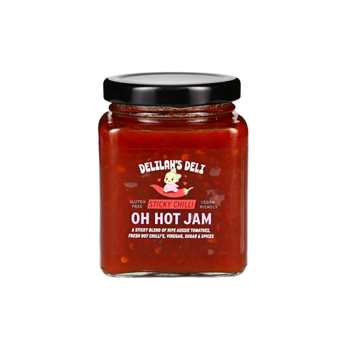 Jar of Delilah's Deli Oh Hot Jam on a white background
