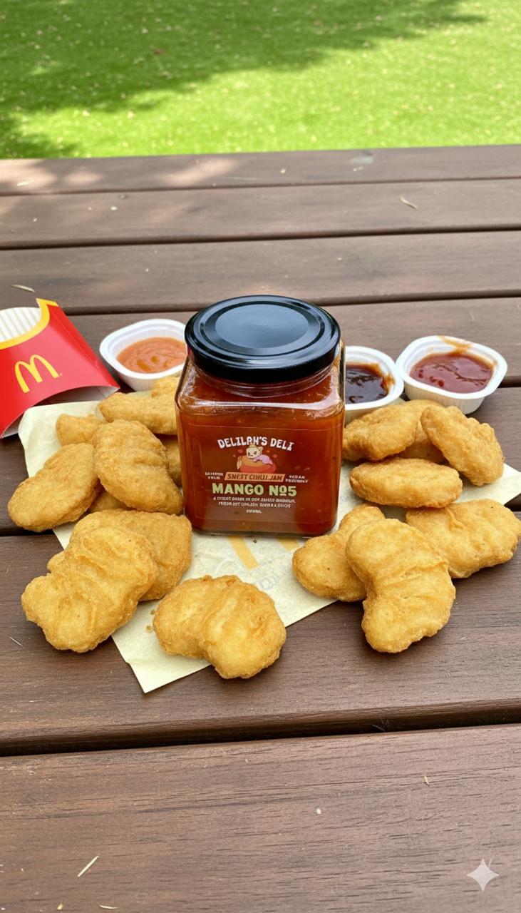 McDonald's nuggets with a jar of Delmonico's Mango No.5 on a wooden surface.