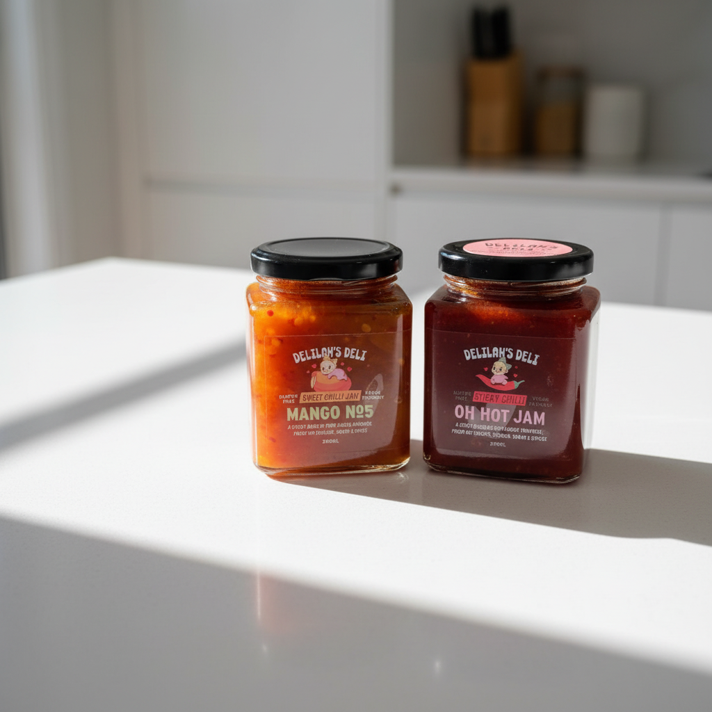 Two jars of Delilah's Deli jam with visible branding on a white surface.